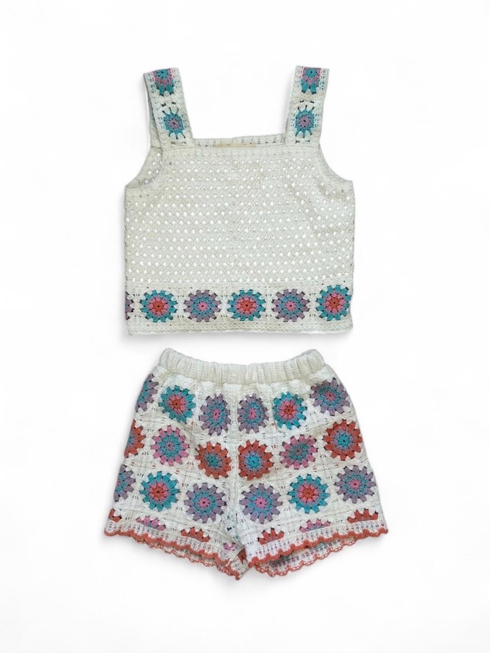 btween White Crochet Floral Two-Piece Set with Teal Purple Coral Accents